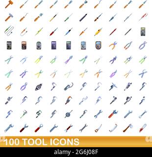 100 Werkzeugsymbole gesetzt. Cartoon Illustration von 100 Tool Icons Vektor-Set isoliert auf weißem Hintergrund Stock Vektor