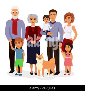 Vektor-Illustration der glücklichen Familie. Vater, Mutter, Großvater, Großmutter, Kinder und Hund im flachen Cartoon-Stil. Stock Vektor