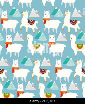 Vektor-Illustration Nahtloses Muster mit Lamas, Alpakas, Bergen und handgezeichneten Elementen, kindliche Textur für Textil im flachen Cartoon-Stil. Stock Vektor