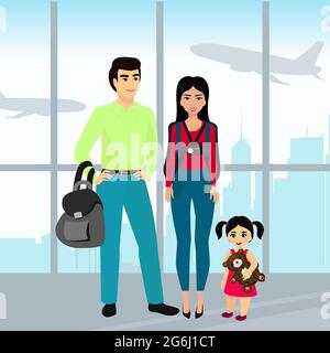 Vektorgrafik Reisende Familie mit Gepäck im Flughafengebäude. Vater, Mutter und Tochter reisen im Cartoon-Flat-Stil zusammen. Stock Vektor