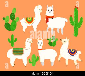 Bunte Illustration Set von lustigen und niedlichen Lamas und Alpaka, Kaktus-Elemente auf orangefarbenem Hintergrund in Cartoon-flachen Stil. Stock Vektor