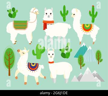 Vektor-Illustration Set von niedlichen lustigen Alpakas und Lamas mit Kaktuselementen, Berge auf blauem Hintergrund. Schöne Lamas in Cartoon-Flat-Stil. Stock Vektor