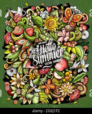 Sommer Natur Cartoon Vektor Kritzeleien Illustration. Sommerliches Posterdesign. Jahreszeit Elemente und Objekte Hintergrund. Helle Farben lustige Bild. Alle Stock Vektor