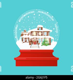 Vektor-Illustration von Schneekugel mit einem kleinen Haus und Tanne unter dem Schnee. Frohe weihnachten, Neujahrsgeschenk im flachen Stil. Stock Vektor