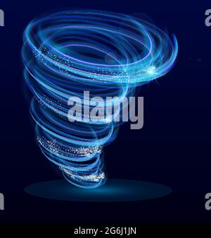 Vektor-Illustration von leuchtendem, beleuchtetem Wirbelwind, Wirbel, leuchtendem Tornado-Vektor-Effekt. Taifun Wirbelwind, heller Hurrikan auf dunkelblauem Hintergrund Stock Vektor