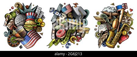 USA Cartoon Vektor Doodle Designs Set. Farbenfrohe, detailreiche Kompositionen mit vielen amerikanischen Objekten und Symbolen. Isoliert auf weißen Abbildungen Stock Vektor