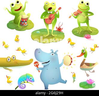 Teich oder Sumpftiere spielen Musik Clipart Set Stock Vektor