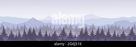 Vektordarstellung von Bergen mit Wald im Nebel. Wunderschöne Panoramaaussicht in flachem Stil. Stock Vektor