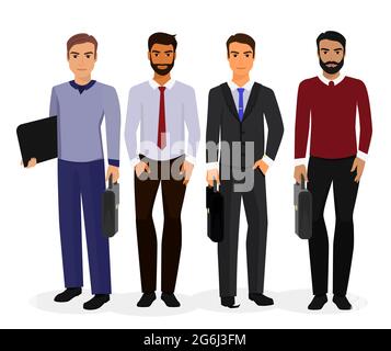Vektor-Illustration von Business-Männer Cartoon-Figuren Schaffung Satz. Junge gut aussehende lächelnde Geschäftsmann im Bürostil Kleidung verschiedenen Hautfarben Stock Vektor