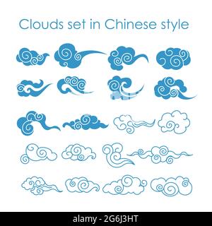 Vektor-Illustration Sammlung von blauen Wolken Ikonen im chinesischen Stil, flaches Design. Stock Vektor