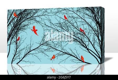 Leuchtend rote Kardinalvögel sind im Winter auf schwarzen Baumzweigen zu sehen und befinden sich auf einer gestreckten Leinwand 3-d-Tafel in dieser 3-d-Illustration über Vogelkunst Stockfoto