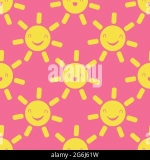 Niedlich Vektor lächelnd lachend kawaii Sonne nahtlose Muster Hintergrund. Cartoon gelbe Wettersymbole auf rosa Hintergrund. Spaß Himmel wiederholen für Reisen, Kinder Stock Vektor