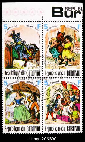 MOSKAU, RUSSLAND - 21. MÄRZ 2020: Vier in Burundi gedruckte Briefmarken aus der Märchen- und Fabelserie, um 1977 Stockfoto