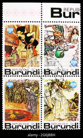 MOSKAU, RUSSLAND - 21. MÄRZ 2020: Vier in Burundi gedruckte Briefmarken aus der Märchen- und Fabelserie, um 1977 Stockfoto