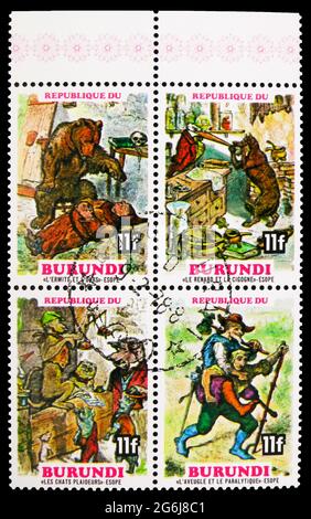 MOSKAU, RUSSLAND - 21. MÄRZ 2020: Vier in Burundi gedruckte Briefmarken aus der Märchen- und Fabelserie, um 1977 Stockfoto