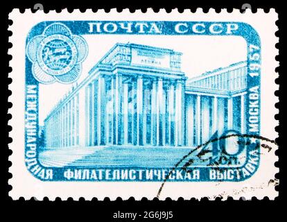 MOSKAU, RUSSLAND - 21. MÄRZ 2020: Briefmarke gedruckt in der Sowjetunion zeigt Internationale Briefmarkenausstellung.Moskau., Serie, um 1957 Stockfoto