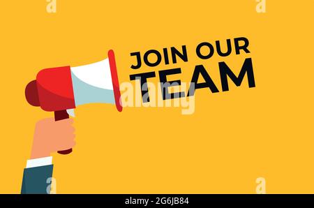 Männliche Hand hält Megaphon mit Join unsere Team-Sprechblase. Banner für Unternehmen Stock Vektor