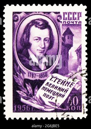 MOSKAU, RUSSLAND - 21. MÄRZ 2020: In der Sowjetunion gedruckte Briefmarke zeigt Heinrich Heine (1797-1856), deutscher Dichter, große Figuren der Weltkultur Stockfoto