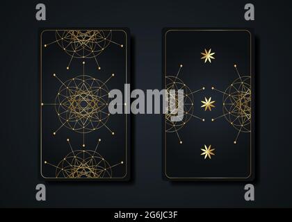 Set magische Tarot-Karten, Gold Magie okkulten heiligen Geometrie Zeichen, esoterische boho spirituelle Symbole, Blume des Lebens. Luxus Samen des Lebens heilige Mandala. Stock Vektor
