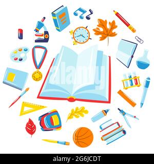 Schulabschluss mit Bildungsartikeln. Illustration von Verbrauchsmaterialien und Schreibwaren. Stock Vektor