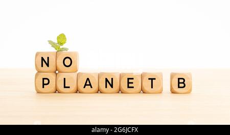 Keine Phrase von Planet B in Holzblöcken auf dem Tisch. Weißer Hintergrund. Speicherplatz kopieren Stockfoto