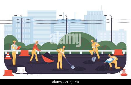 Flache Cartoon Industriearbeiter Charaktere bei Straßenbauarbeiten, Vektor-Illustration Konzept Stock Vektor