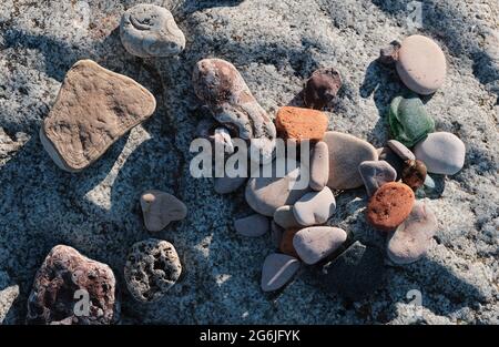 Seesteine mit den Abdrücken von alten Weichtieren. Viele Seesteine in Nahaufnahme. Stockfoto