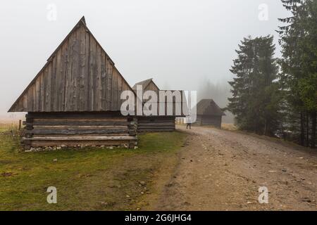 Chocholowska Tal an einem nebligen Frühlingstag. Eine Lichtung mit Schäferhütten und Hütten. Tatra, Polen. Stockfoto