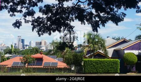 Blick über die Dächer des Vorstadthauses von Brisbane mit Sonnenkollektoren auf die Skyline der Innenstadt in der Ferne, eingerahmt von den Gliedern eines großen Baumes Stockfoto