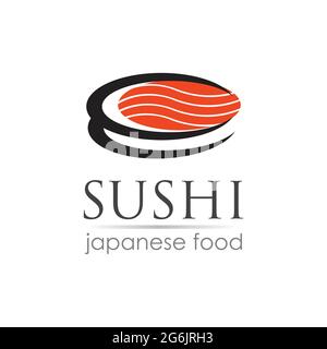 Sushi-Logo-Vorlage für japanisches Food Cafe mit Lachs-Sushi Stock Vektor