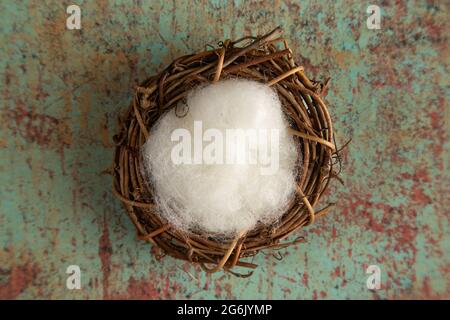 Digital Newborn Backdrop mit weißem Stoff auf einer Green Distressed Wood-Oberfläche Stockfoto