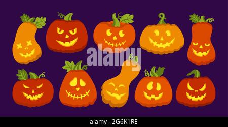 Halloween-Symbol Kürbis leuchtet in flachen Cartoon-Set. Kürbisse mit verängstigten oder lächelnden Gesichtern, gruseliges Grinsen, Charakterurlaub Frohes Halloween. Niedliche lustige Schnauze. Gruselig gruselig Teufel Augen Vektor Stock Vektor