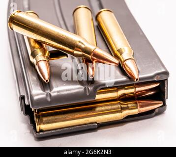 Vier Geschosse im Kaliber .223 auf einem geladenen Gewehrmagazin mit weißem Hintergrund Stockfoto