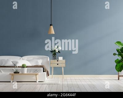 Dunkelblaue Wand im Schlafzimmer-Innenhintergrund, 3d-Rendering Stockfoto