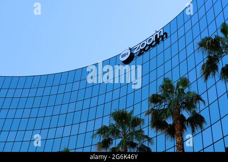 Zoom Video Communications, Inc., Hauptsitz in San Jose, Kalifornien; Anbieter von Kommunikationstechnologie, Videotelefonie und Online-Chat-Diensten. Stockfoto