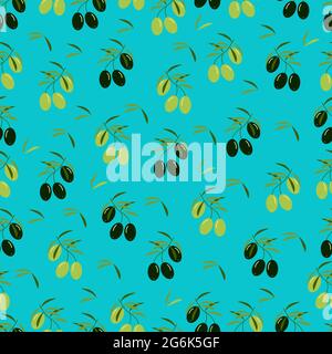 Oliven nahtloses Muster, schwarze und helle Oliven, Vektor-Hintergrund in flachem Stil Stock Vektor