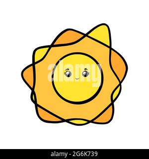 Süße Sonne mit Augen und Lächeln. Kawaii Sun lächelndes Gesicht im Doodle-Stil. Schwarz-Weiß-Vektorgrafik isoliert auf weißem Hintergrund Stock Vektor