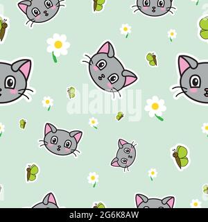 Nahtloses Muster, viele Katzen, Schmetterlinge und Gänseblümchen - Vektor-Illustration Stock Vektor