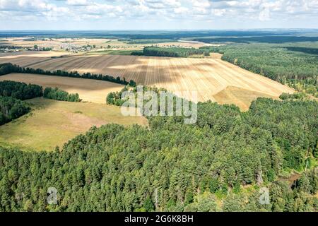 Sommerlandschaft Landschaft mit Ackerfeldern zwischen Wäldern unter blauem bewölktem Himmel. Luftaufnahme Stockfoto