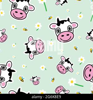 Nahtloses Muster, Kühe, Bienen und Kamille - Vektorgrafik Stock Vektor