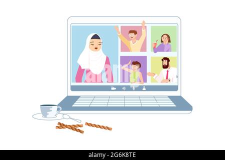 Verschiedene Personen, die an Videokonferenzen auf Distanz teilnehmen. Laptop mit Online-Meeting. Flache Grafik Stockfoto