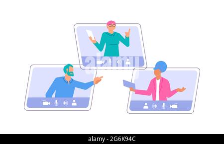 Verschiedene Personen, die an Videokonferenzen auf Distanz teilnehmen. Laptop mit Online-Meeting. Flache Grafik Stockfoto