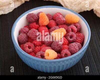 Bio-Himbeeren in einer Schüssel. Nahaufnahme. Stockfoto