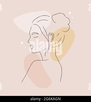 Make-up oder Frisur Konzept. Abstraktes Frauenporträt auf beigefarbenem Hintergrund mit verschiedenen Formen. Vektor-Illustration im trendigen linearen Stil. Logo für Stock Vektor