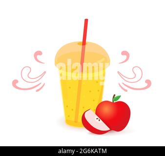 Apfel-Smoothie in einem Plastikbecher mit Obst. Realistisches Kunststoffglas mit gelbem Saft oder Smoothies und Stroh. Vektorgrafik auf weißem Hintergrund. Stock Vektor