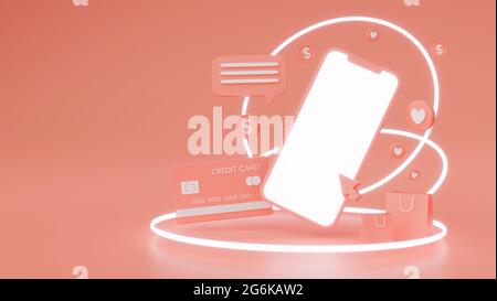 Online-Shopping-Konzept, Smartphone mit Mock-up-Bildschirm, umgeben von Figuren auf rosa Hintergrund, 3D-Rendering, 3D-Illustration Stockfoto