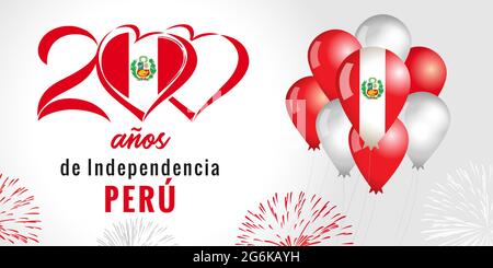 200 anos de Independencia Peru, peruanische Schriftzüge - 200 Jahre Unabhängigkeitstag aus Spanien. Feier Hintergrund mit Feuerwerk und Flagge Stock Vektor