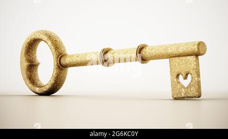 Goldener verzierter Schlüssel mit einem isolierten Herzsymbol auf weißem Hintergrund. 3D-Illustration. Stockfoto