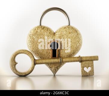 Goldfarbener kunstvoller Schlüssel mit Herzsymbol und herzförmigem Vorhängeschloss auf weißem Hintergrund. 3D-Illustration. Stockfoto