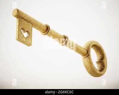 Goldener verzierter Schlüssel mit einem isolierten Herzsymbol auf weißem Hintergrund. 3D-Illustration. Stockfoto